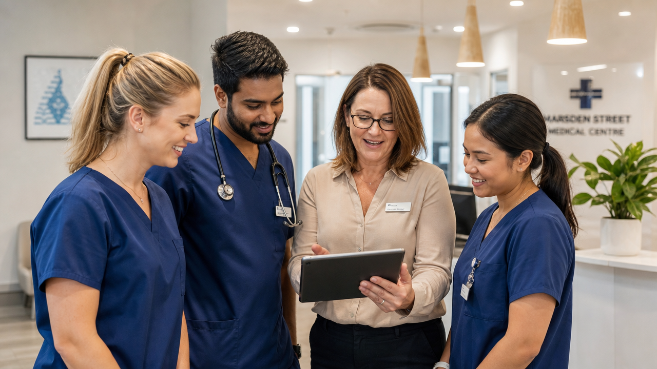 Healthcare team reviewing a staff roster together on a tablet in a modern Australian medical clinic
