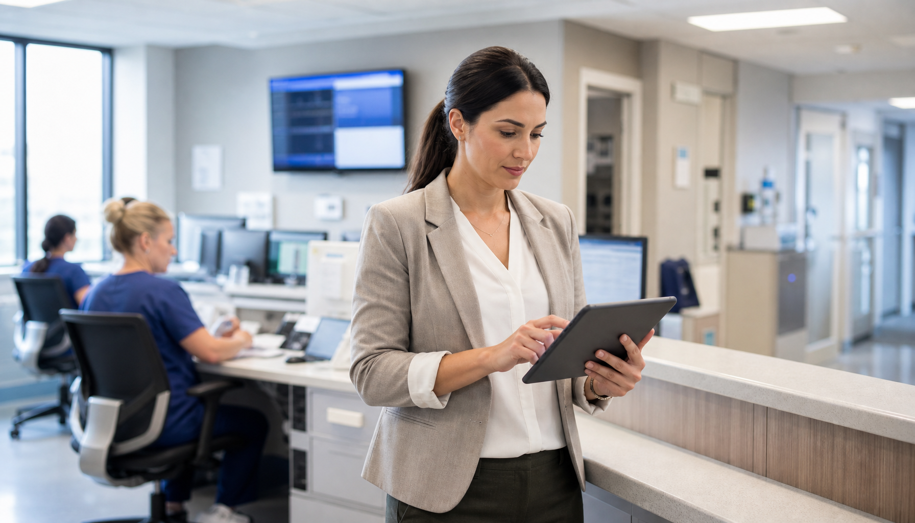 Healthcare operations manager reviewing a digital schedule on a tablet at a nurses' station