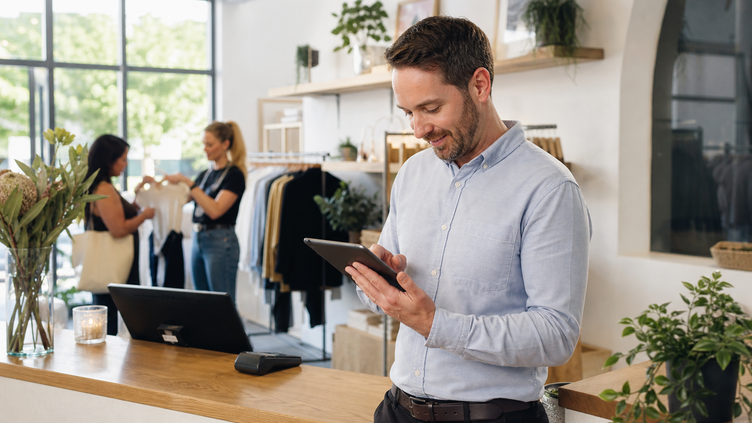 Retail manager reviewing staff roster on a tablet in a modern Australian retail store