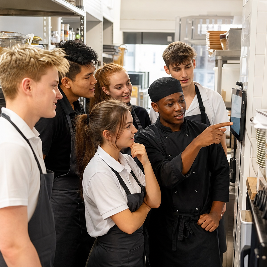 Young hospitality team members checking their shift rota on a tablet in a cafe kitchen