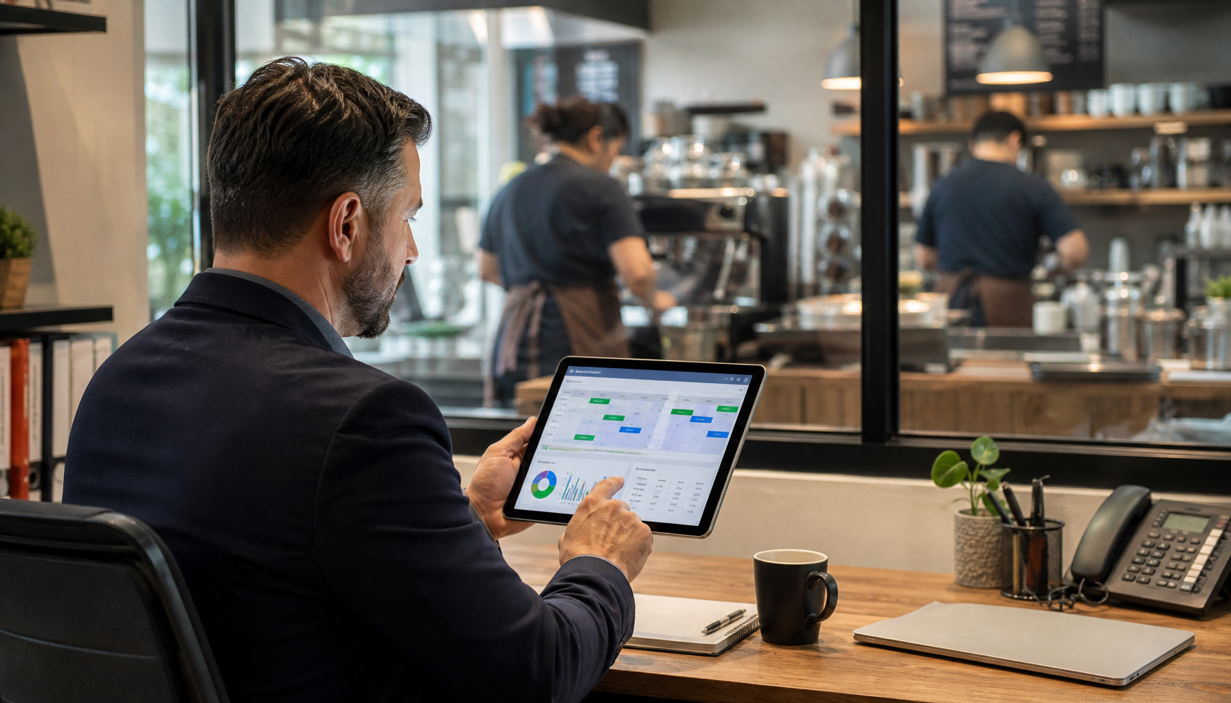 Hospitality manager reviewing payroll data on a tablet in a restaurant office