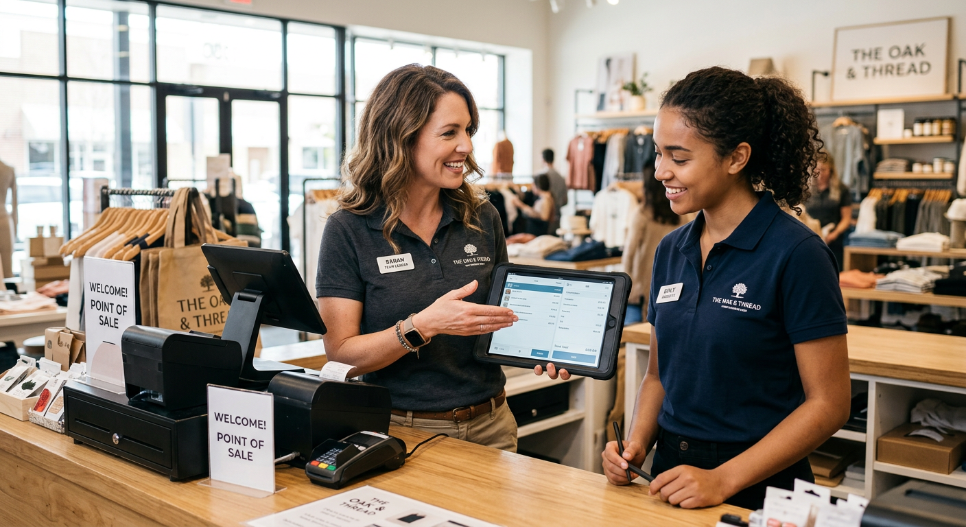 A retail team leader onboarding a new sales associate at the point-of-sale counter on the shop floor