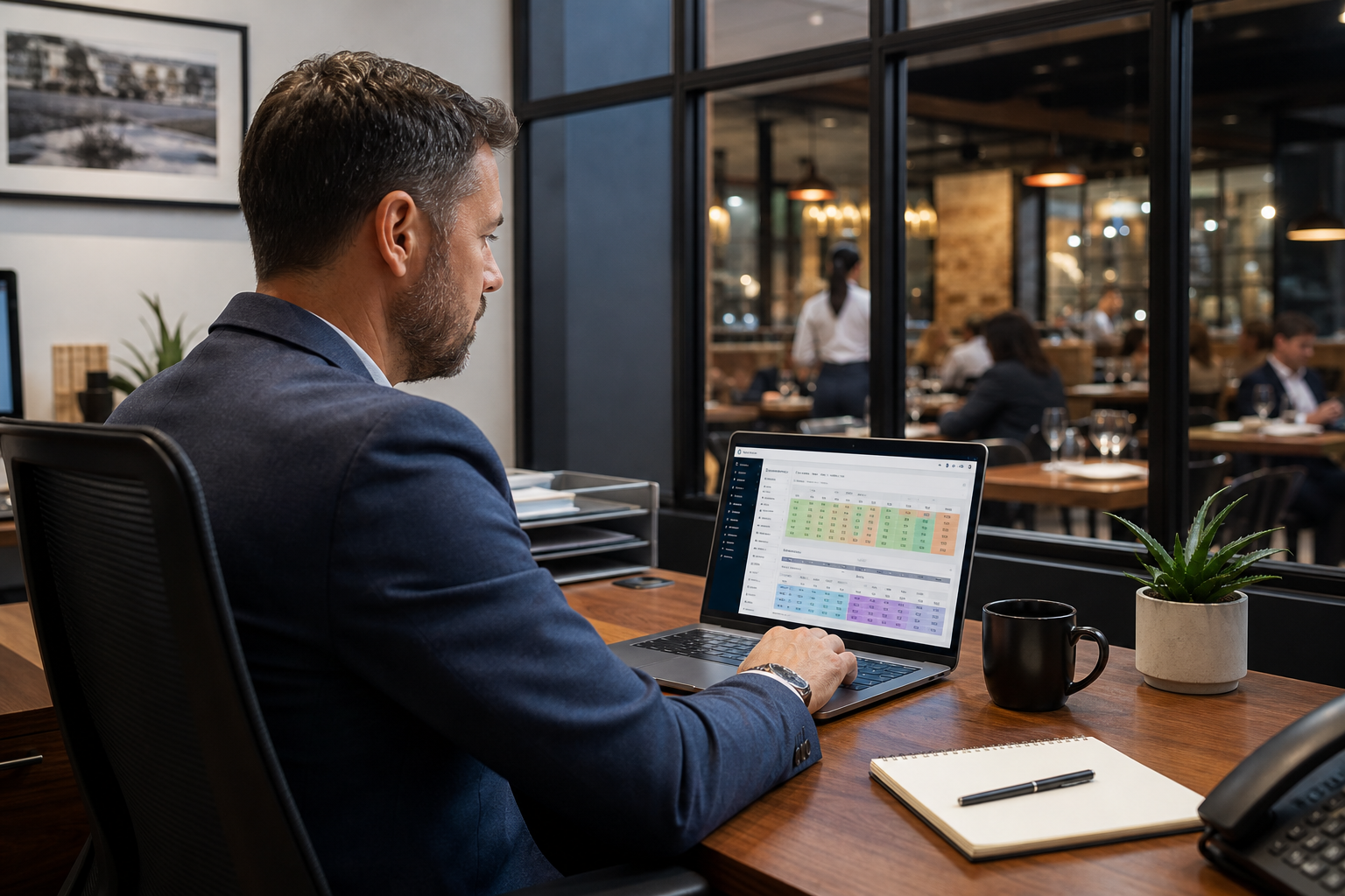 Hospitality manager reviewing multi-location scheduling dashboard on laptop
