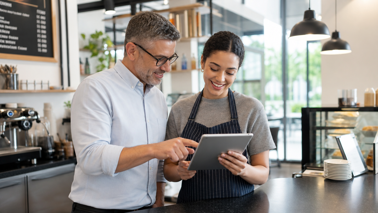 Restaurant manager welcoming and mentoring a new hire during their first week in a cafe