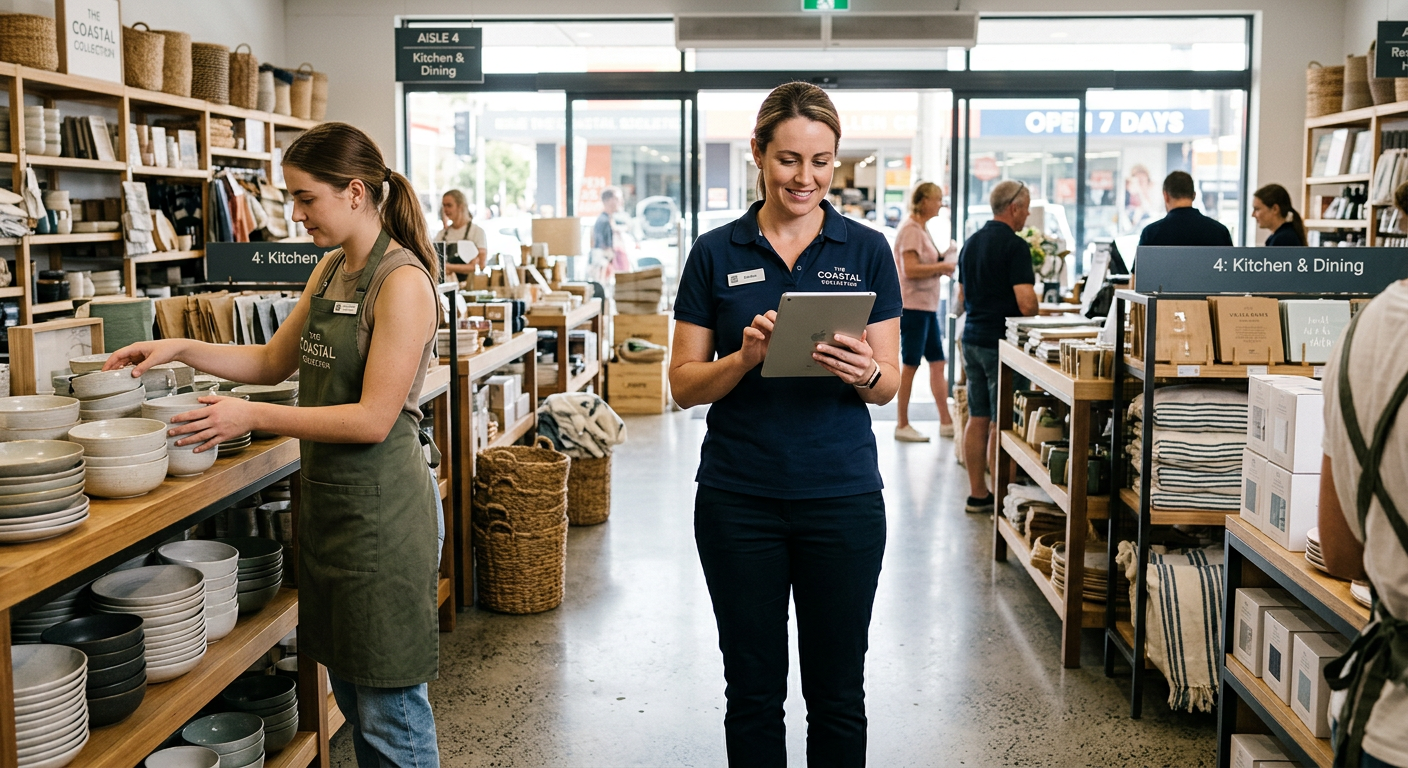 Retail store manager reviewing a staff roster on a tablet on the shop floor while a team member arranges stock nearby