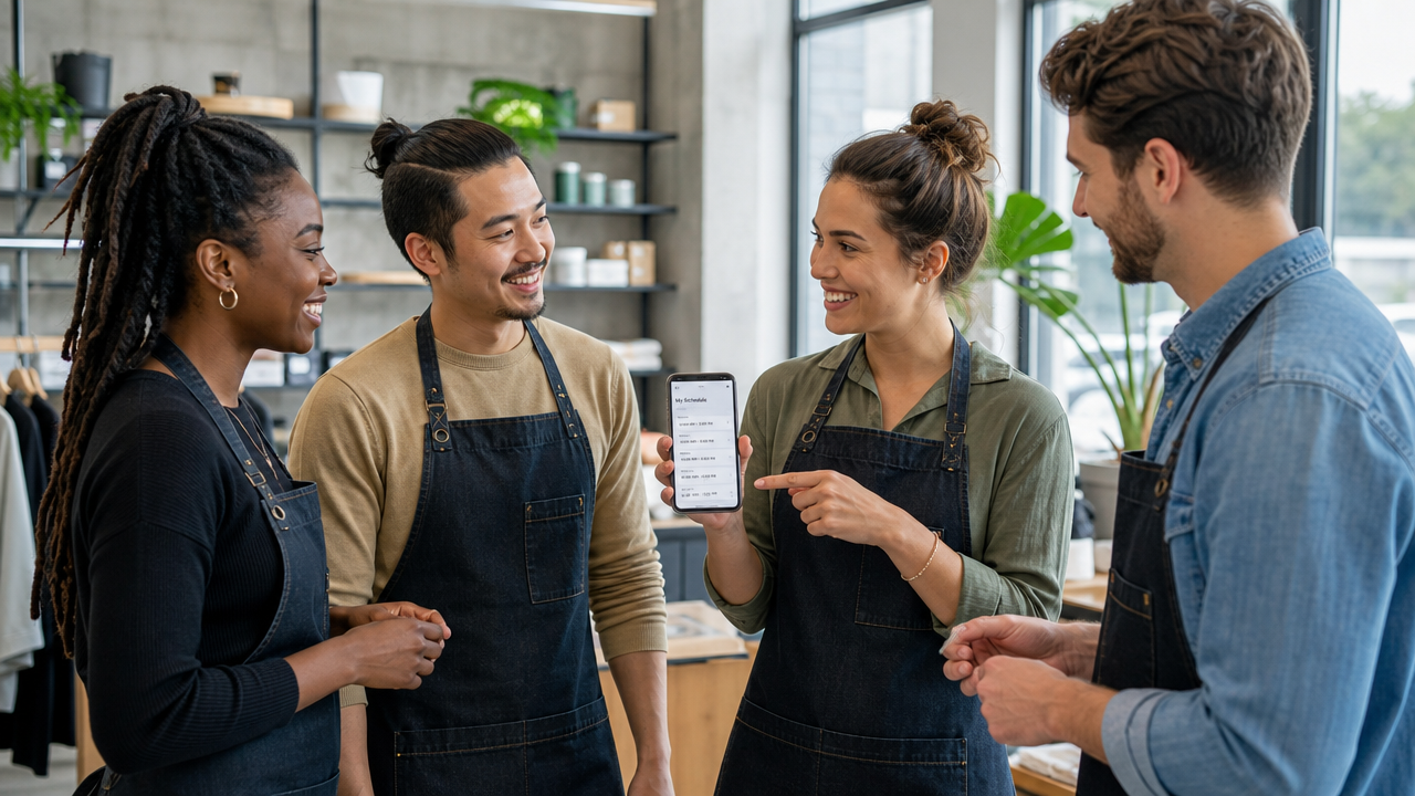 Retail employees in a modern shop smiling and discussing their work schedule together on a smartphone