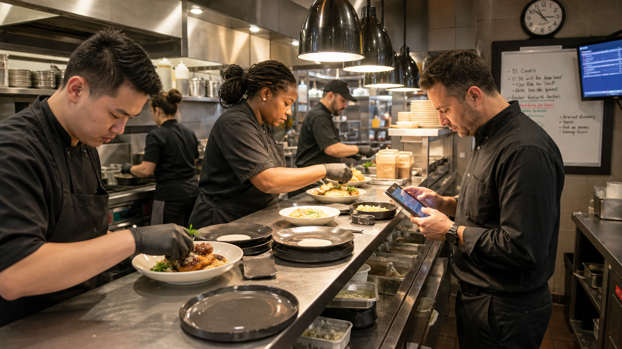 Restaurant kitchen team plating food during service while a manager reviews the shift plan on a tablet