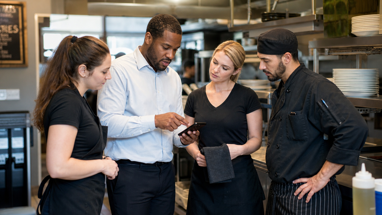 A restaurant team gathers for a quick pre-shift huddle as a manager talks with servers and a line cook checking their shifts on a phone
