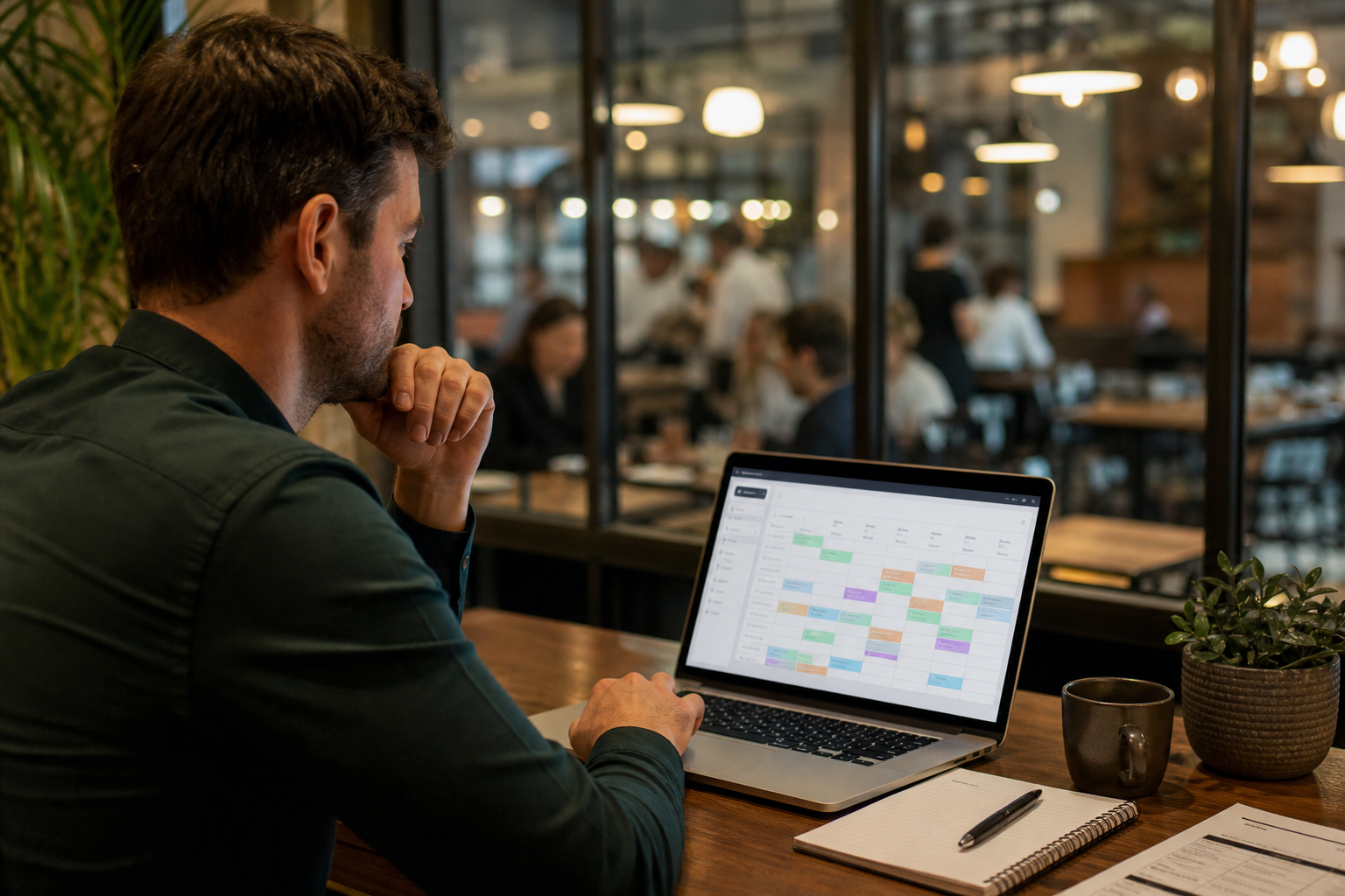 Hospitality manager reviewing a digital roster on a laptop in a cafe setting
