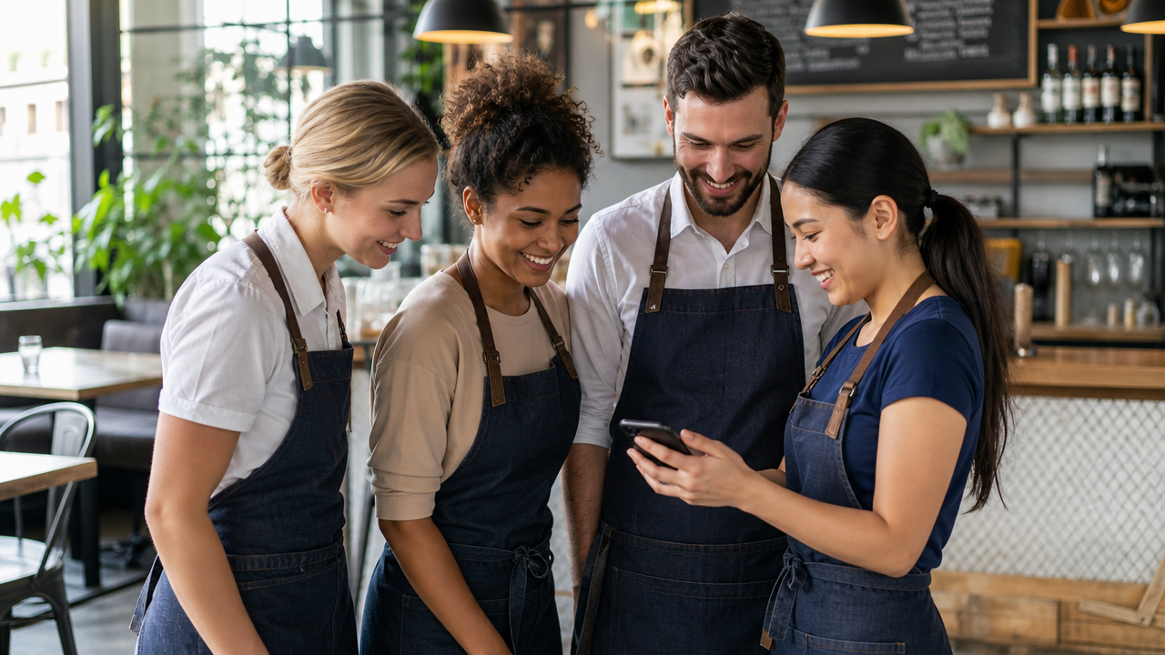 A diverse team of young hospitality workers gathered around a mobile phone checking their shift roster in a modern cafe