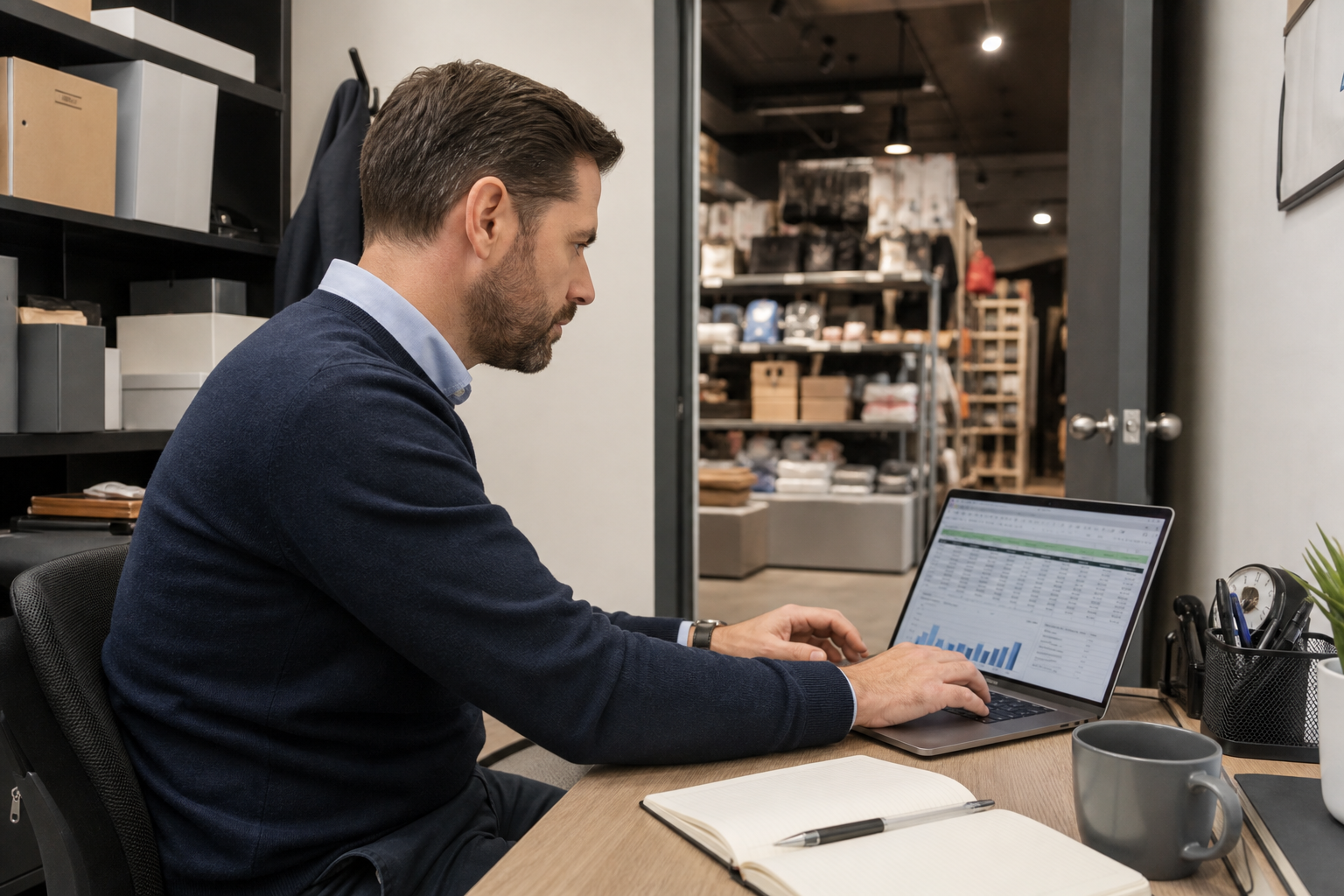 Retail manager working on laptop with scheduling data in a stockroom office
