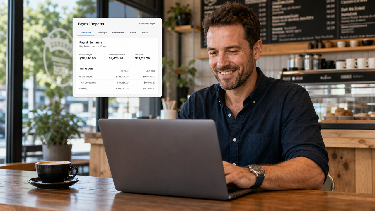 Australian cafe owner reviewing digital payroll reports on a laptop in a modern coffee shop with natural morning lighting
