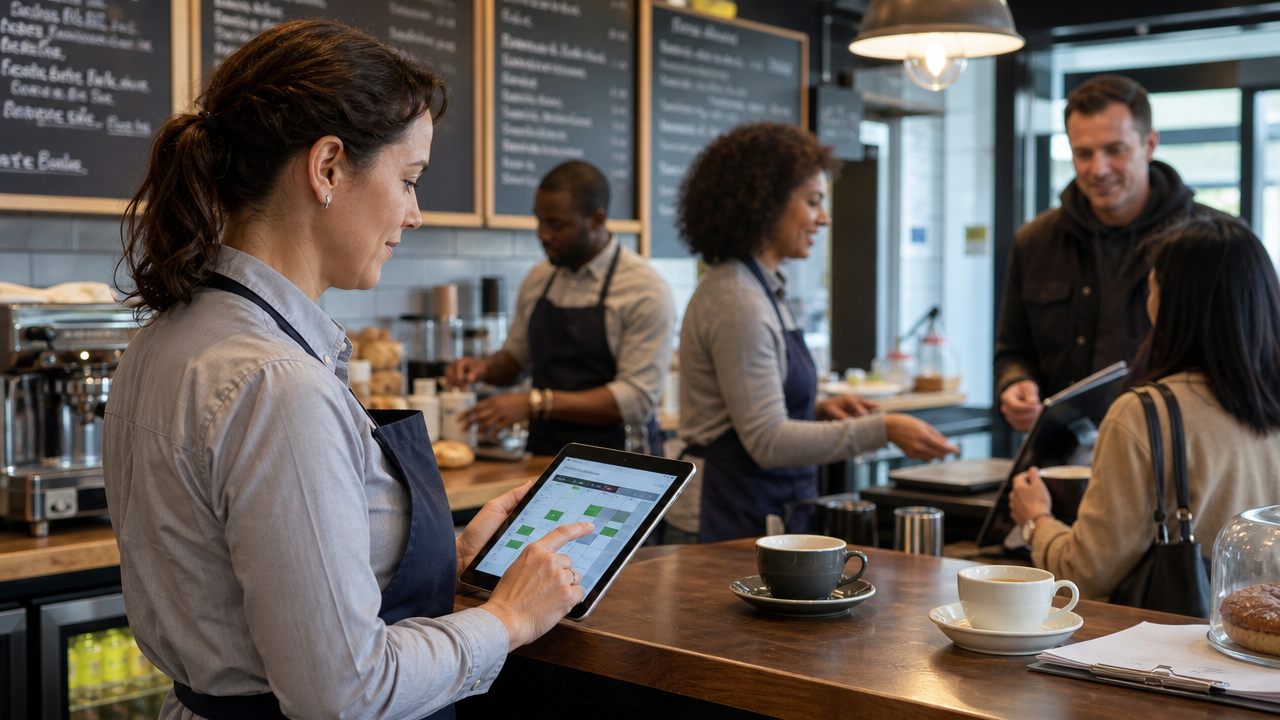 Cafe manager reviewing a staff rota on a tablet at the counter