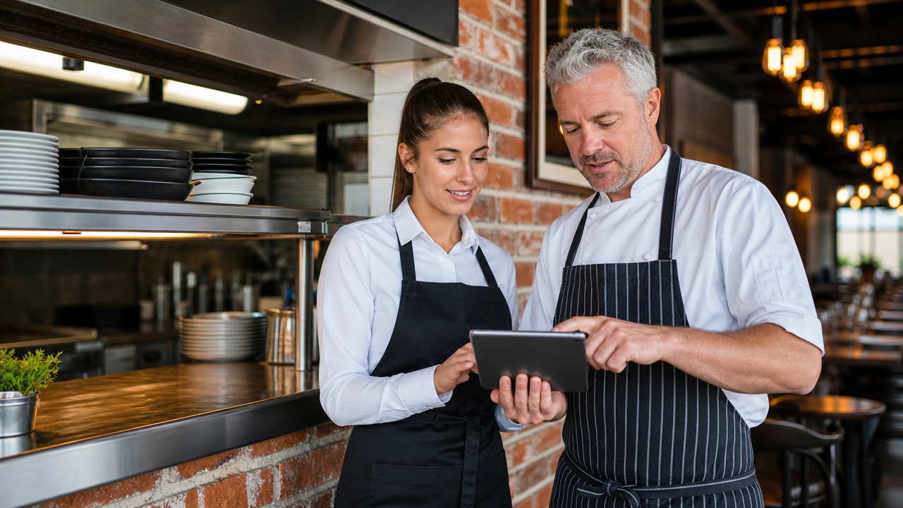A waitress and chef collaborating over a digital tablet at a restaurant service counter