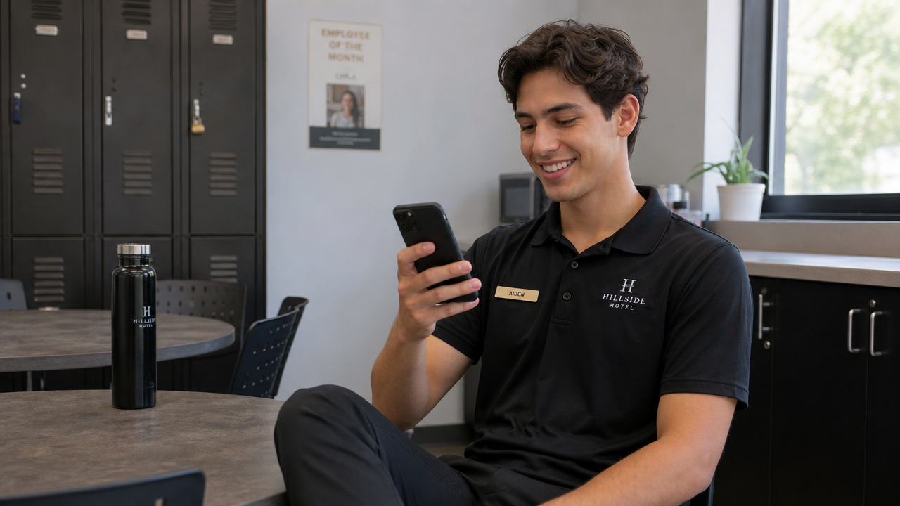 Young hospitality worker checking their work roster on a smartphone during a break