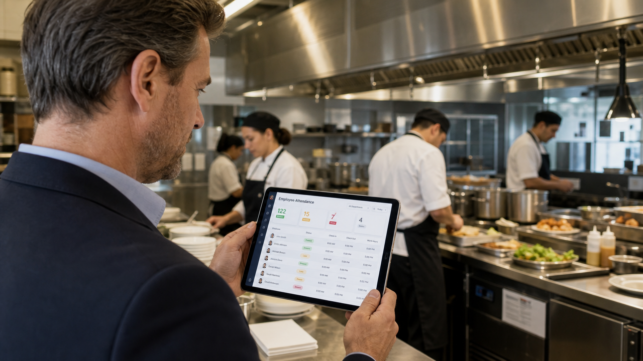 A hospitality manager checking a digital attendance dashboard on a tablet in a restaurant kitchen