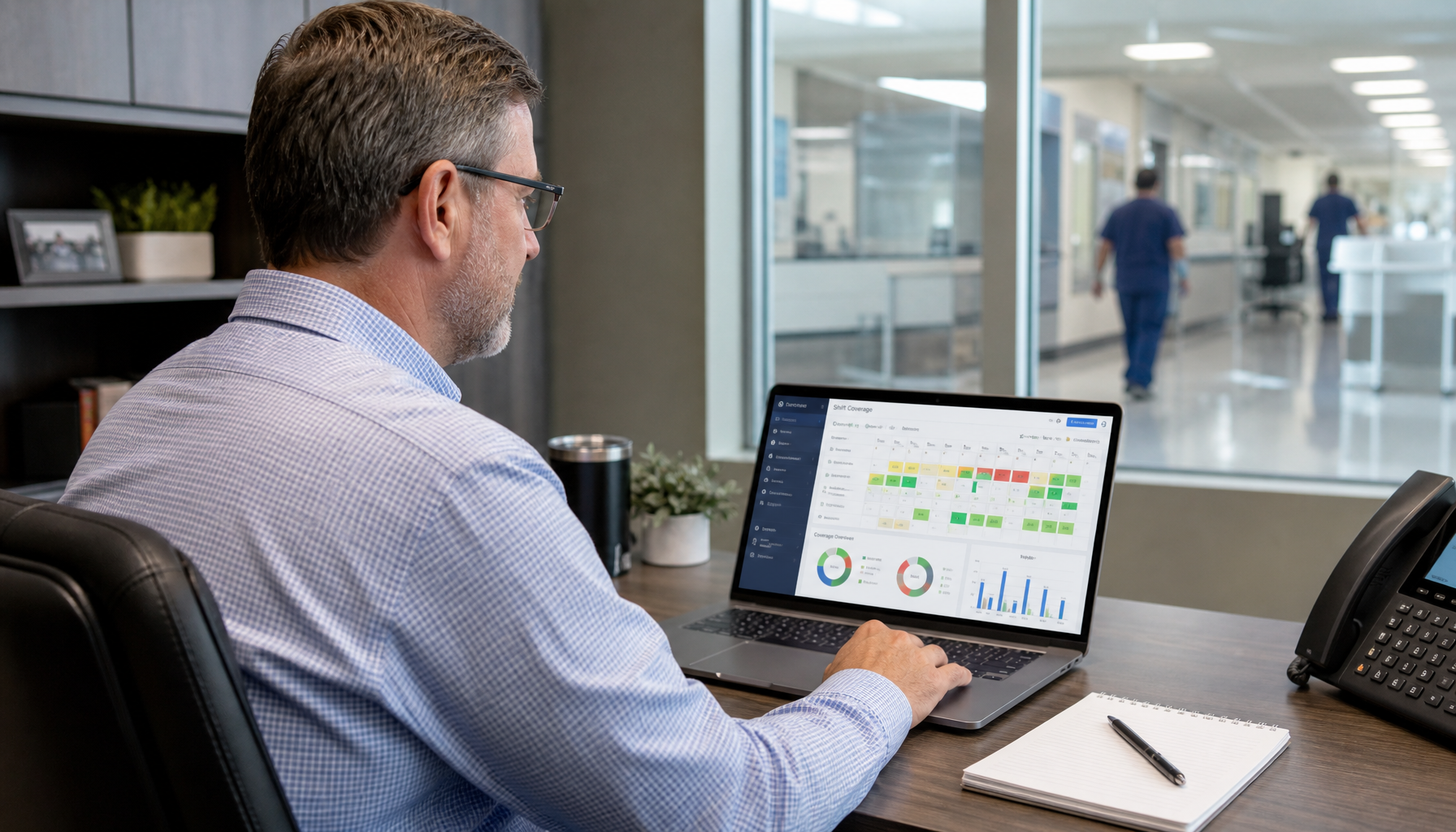 Healthcare facility manager reviewing workforce scheduling dashboard on laptop