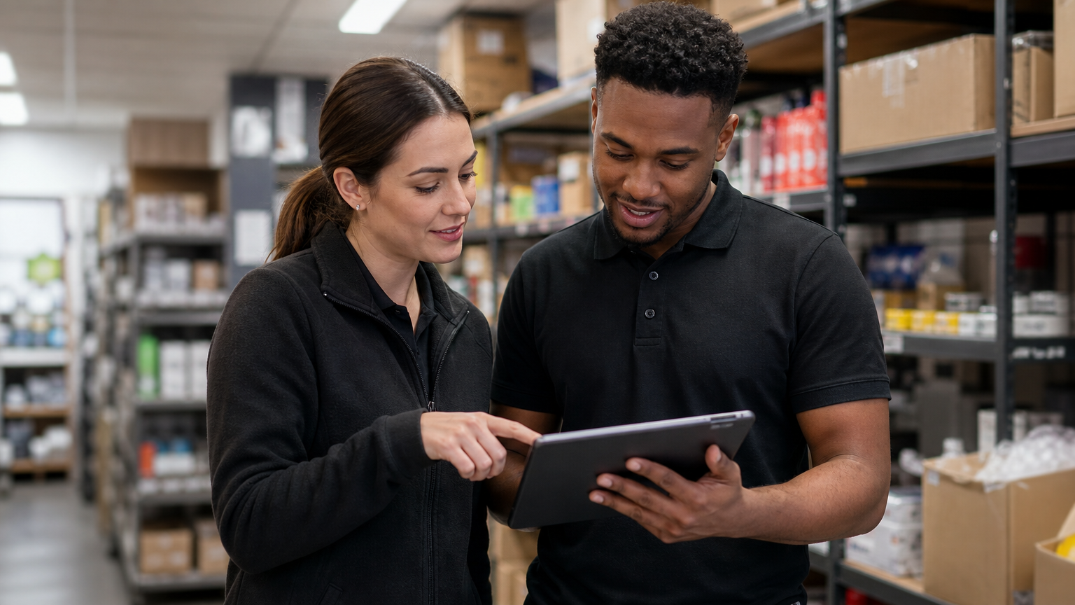 A retail shift manager and team member reviewing a staff rota and approving timesheets on a tablet