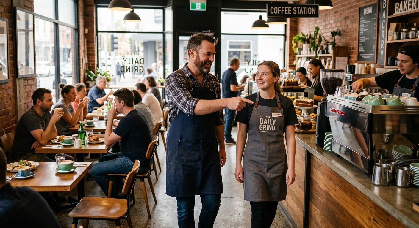 A cafe manager gives a new staff member a tour of the venue on their first shift