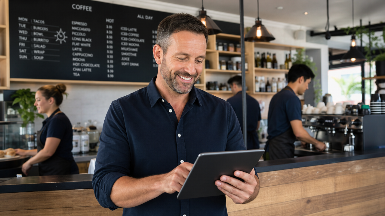 Australian cafe manager reviewing a staff roster on a tablet behind the counter