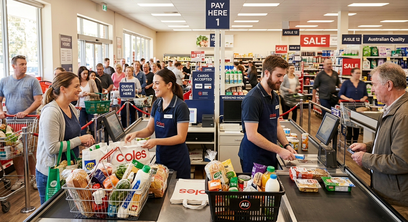 Two retail staff in aprons serving customers at a busy store checkout during a weekend trading peak