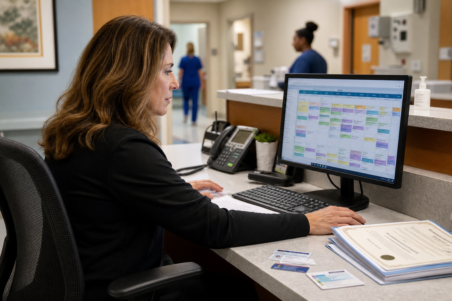 Healthcare operations manager reviewing staff schedules and credential documents at a hospital nurse station