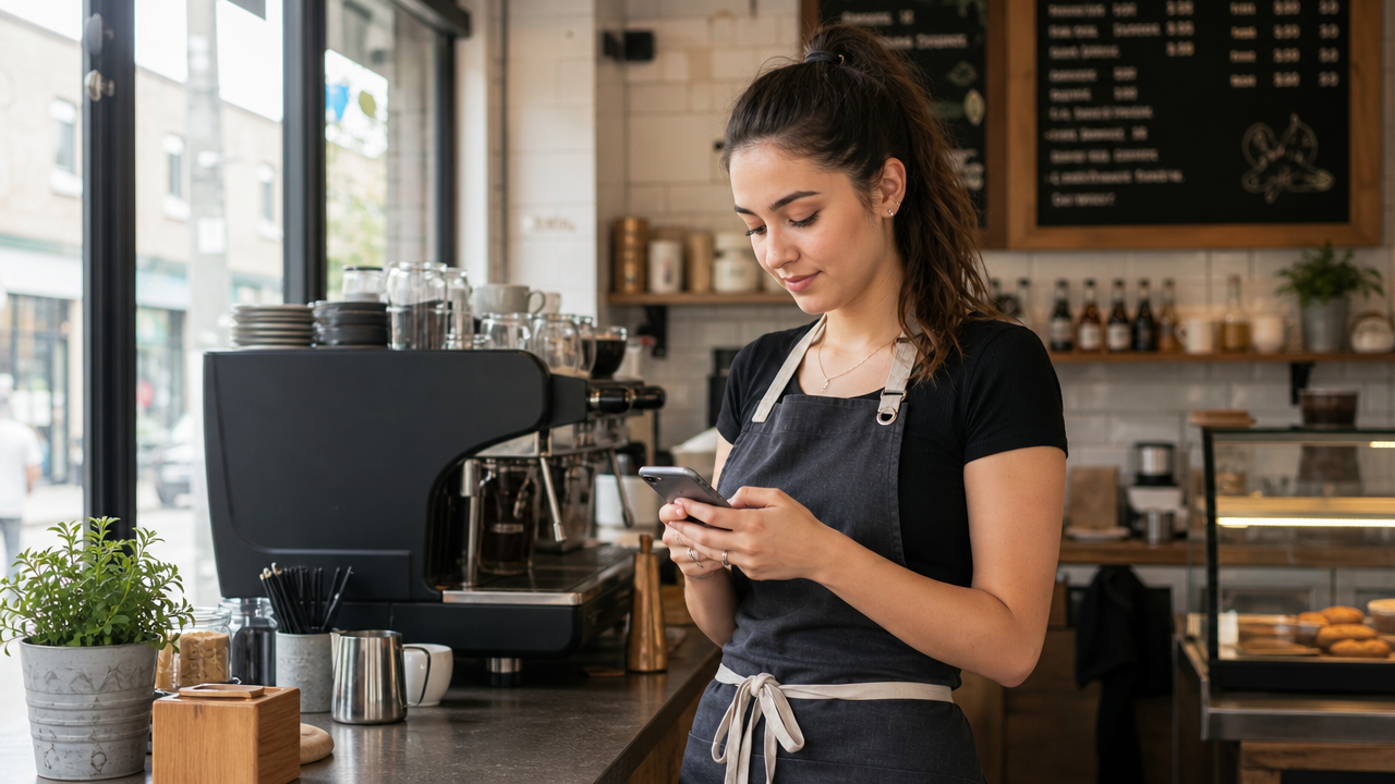 A young hospitality worker checking a mobile phone for leave requests in a modern UK cafe