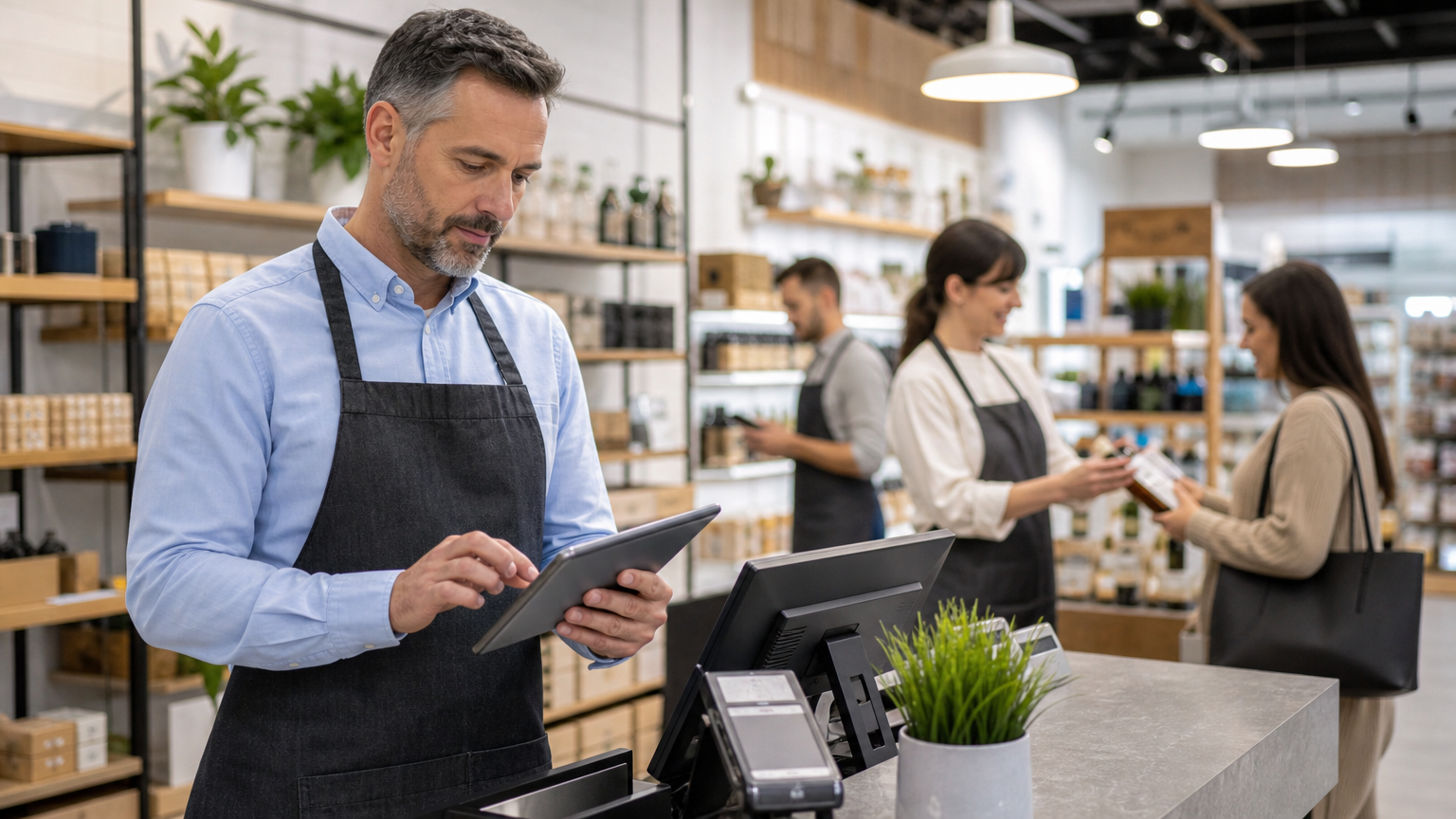 Retail manager reviewing a weekly roster on a tablet behind a checkout counter