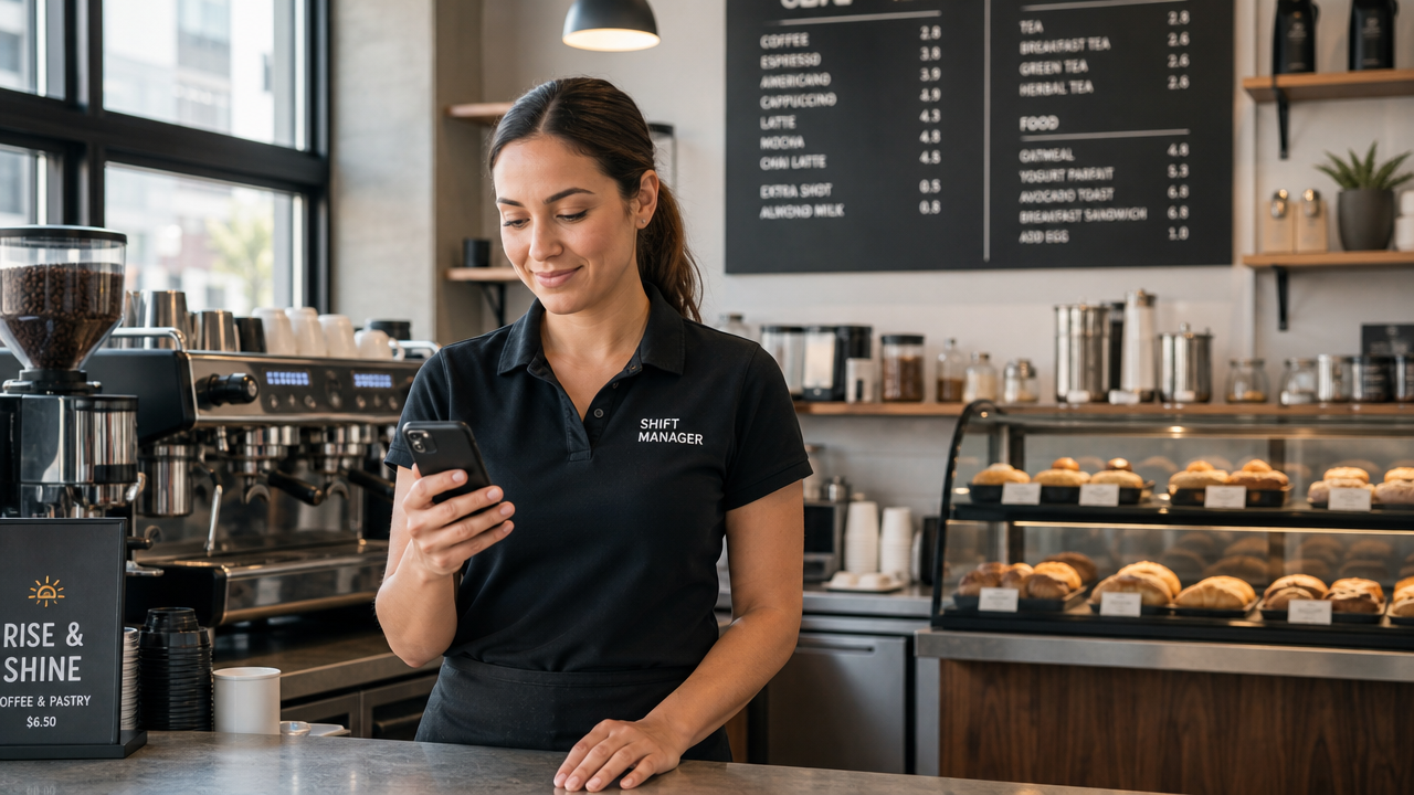 A hospitality shift manager checking a mobile app at a cafe counter during morning setup