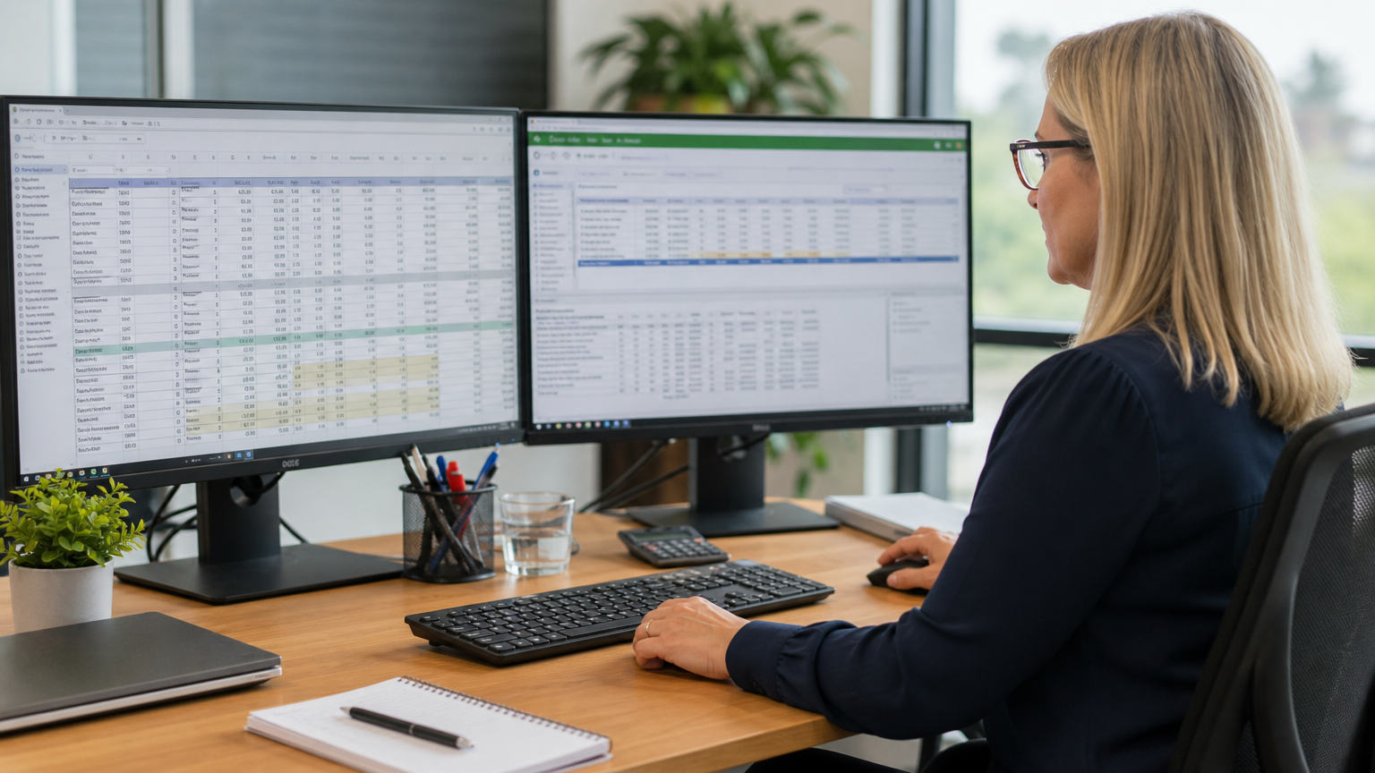 Payroll administrator reviewing timesheet data and wage calculations on a computer