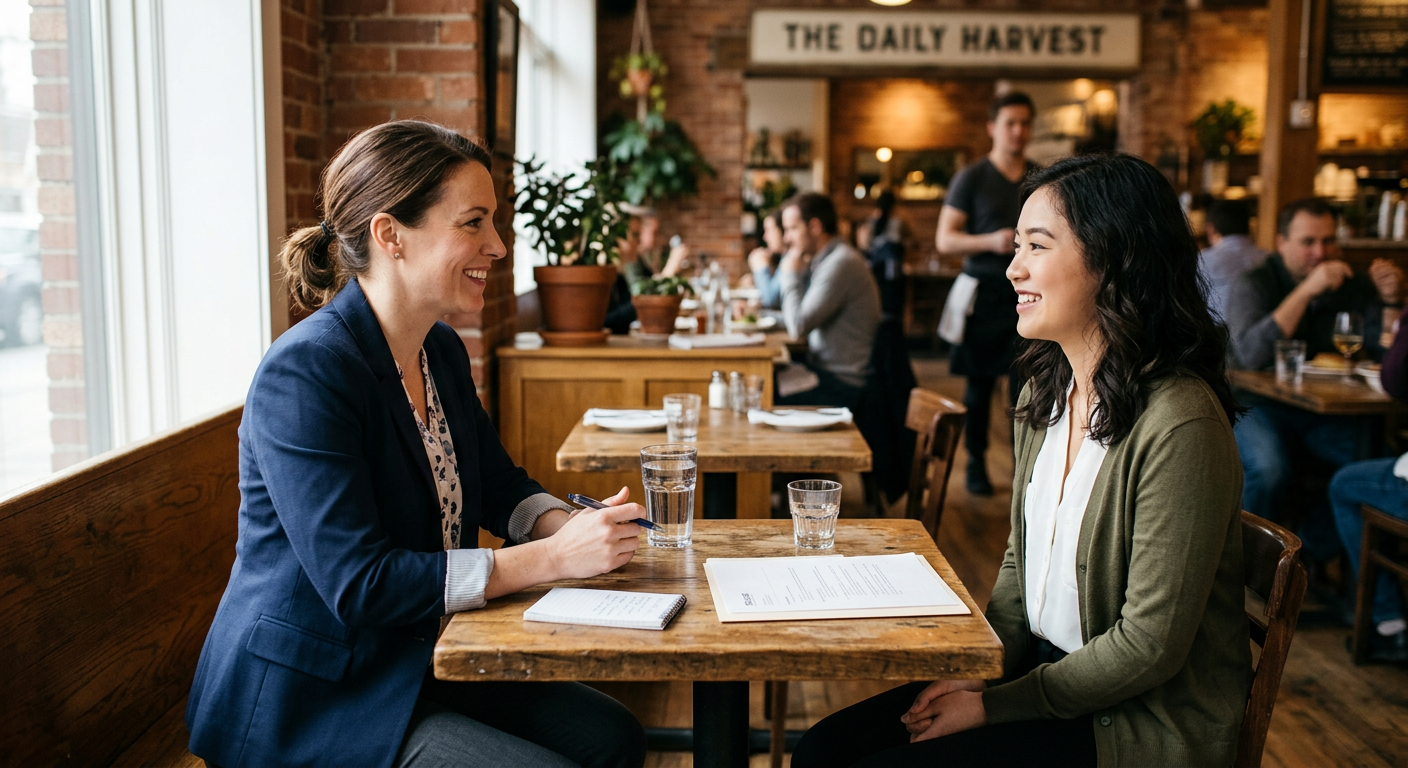 Restaurant manager interviewing a young job candidate at a table inside a casual restaurant