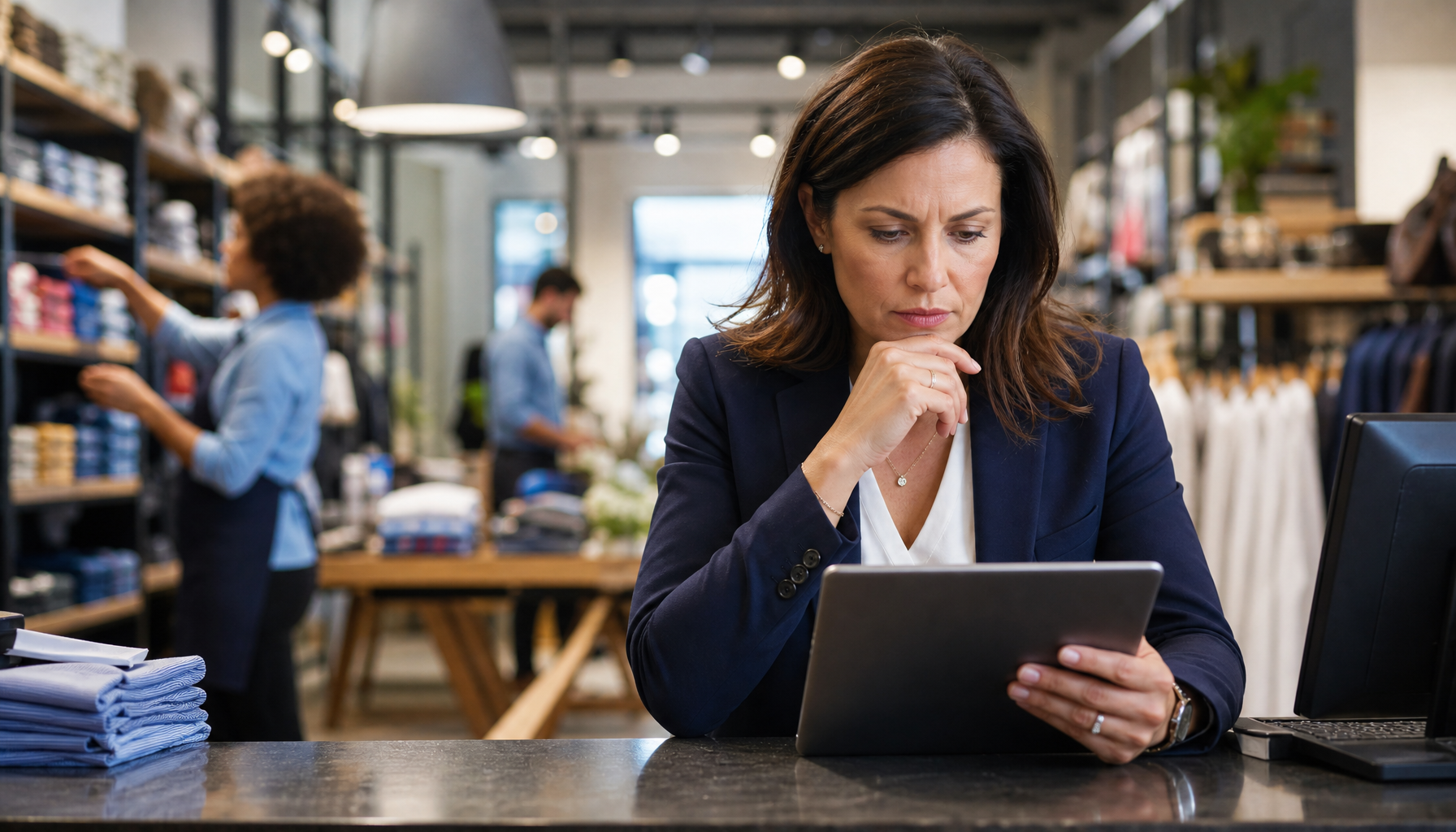 Store manager reviewing employee schedule on tablet at retail counter