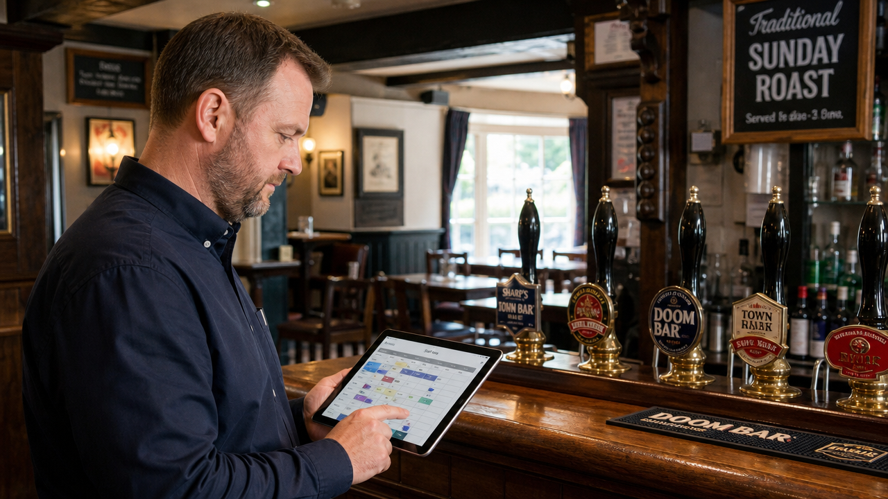 A pub manager reviewing a digital staff rota on a tablet at a bar counter