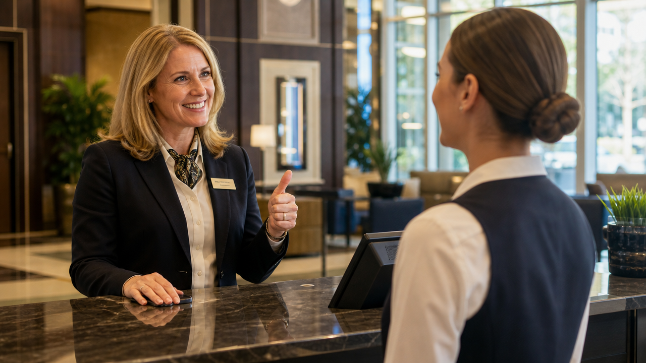 Hotel front-desk manager giving positive feedback to a uniformed employee at a reception desk