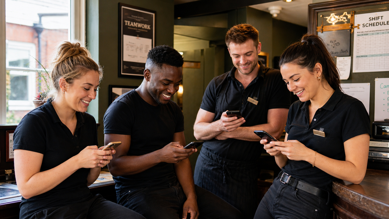 Young hospitality workers in a restaurant break room checking their phones for schedule updates and leave balances