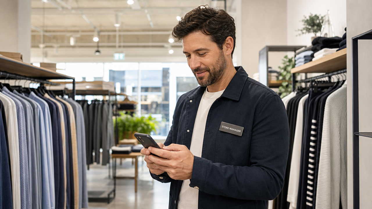 Retail store manager checking team messages on a smartphone while standing on the shop floor