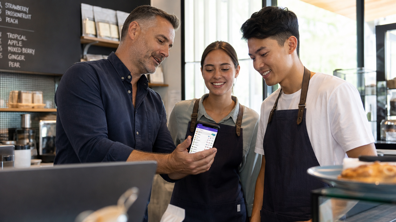 A cafe manager showing a mobile scheduling and messaging app on a phone to two young hospitality staff behind the counter