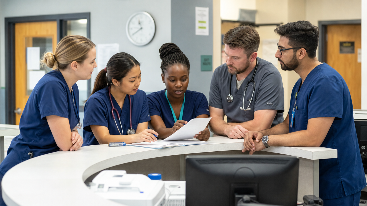 A diverse team of nurses and allied health professionals during a shift handover at a medical clinic reception desk