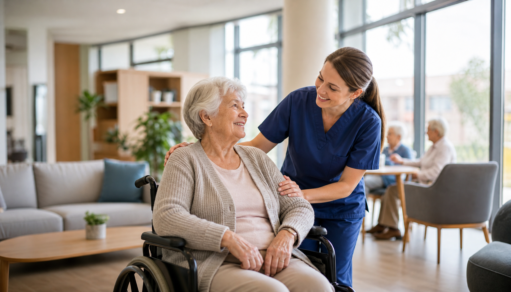 Nurse caring for an elderly resident in a bright aged care facility