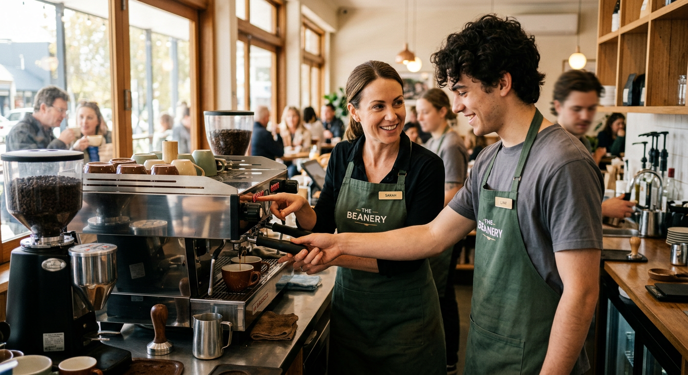 A cafe manager in an apron showing a new hourly employee how to use the espresso machine during their first shift