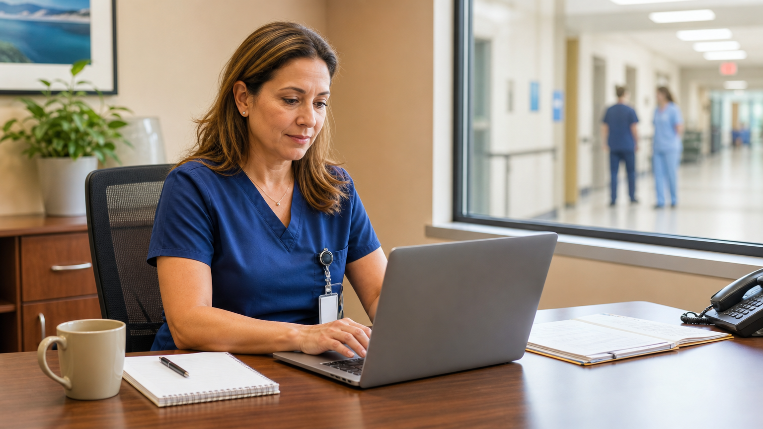 Nurse manager reviewing a staff schedule on a laptop in a hospital office