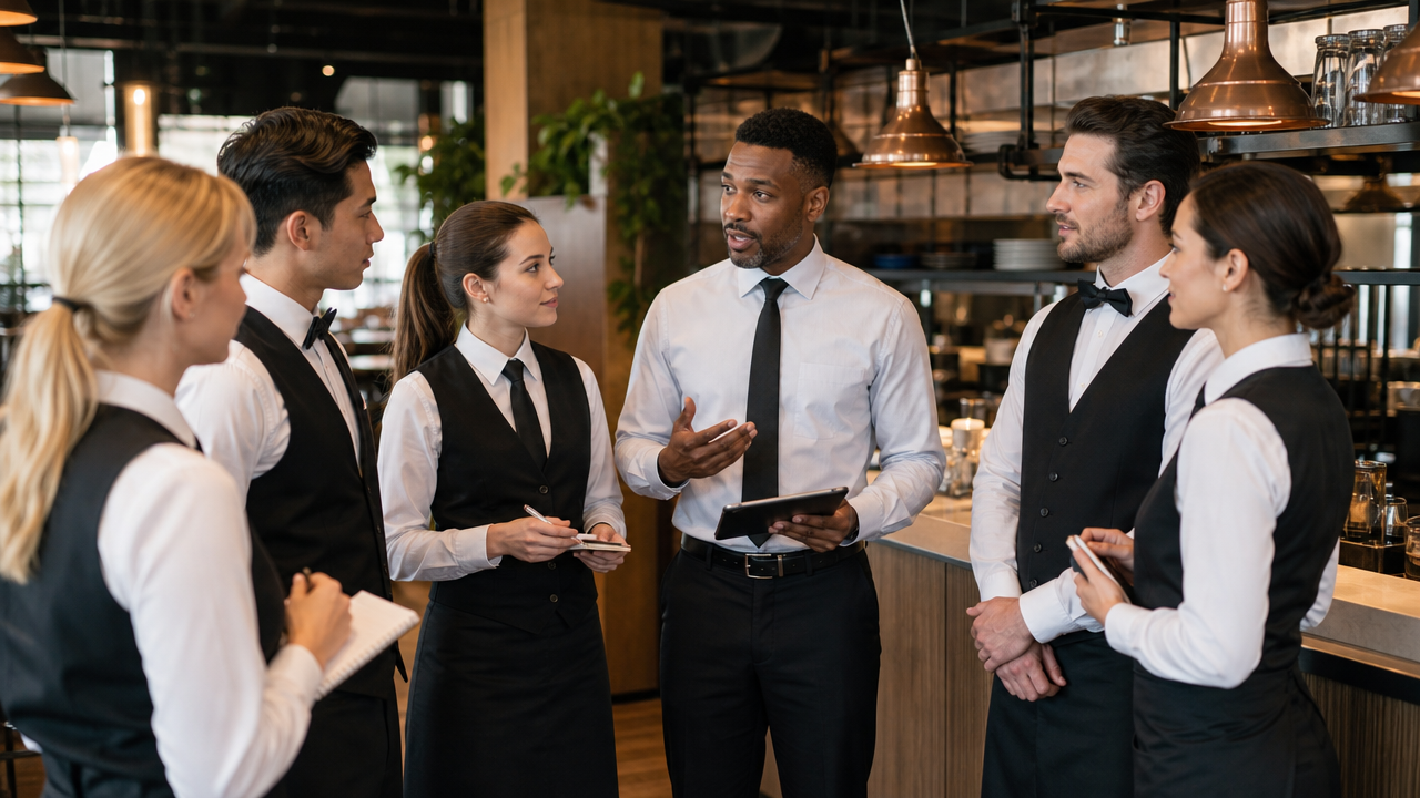 Restaurant floor manager leading a quick pre-shift briefing with waiting staff