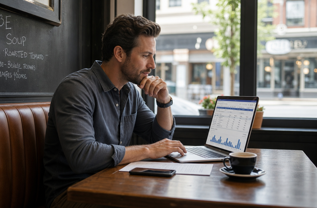 Restaurant owner reviewing labour cost reports on a laptop in a cosy cafe booth