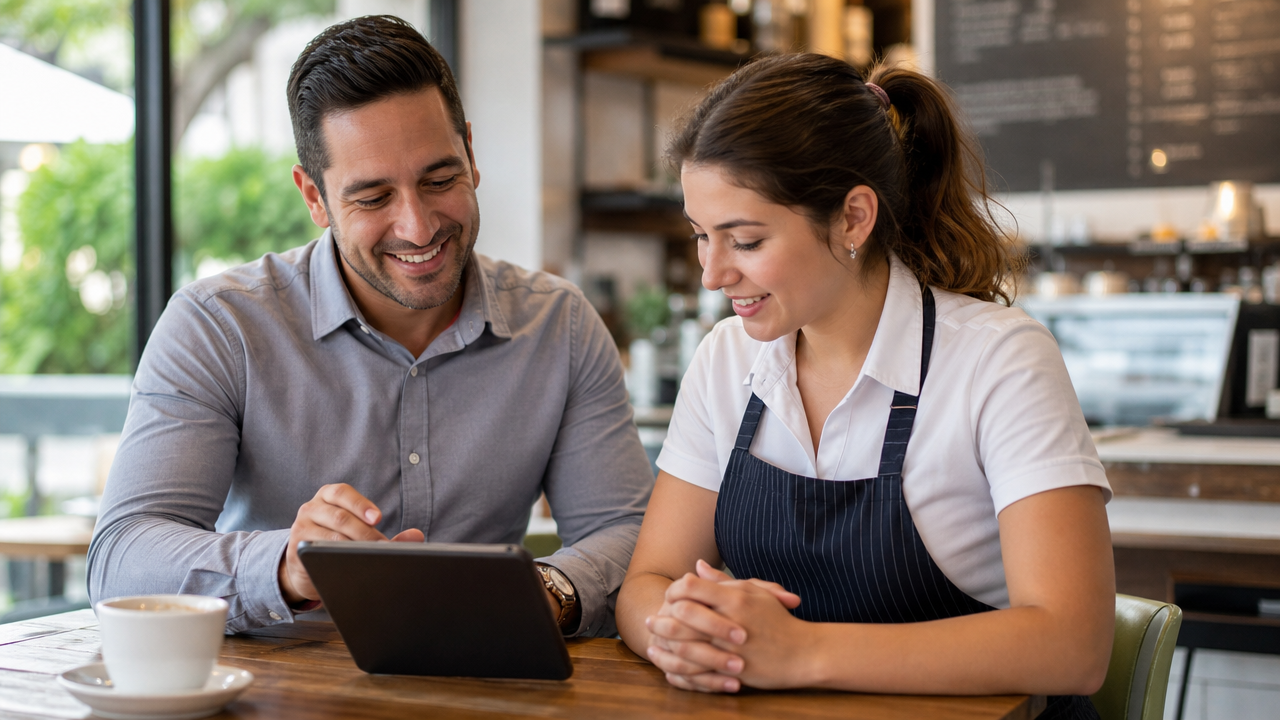 A restaurant manager helping a new hospitality employee complete onboarding forms on a tablet at a cafe table
