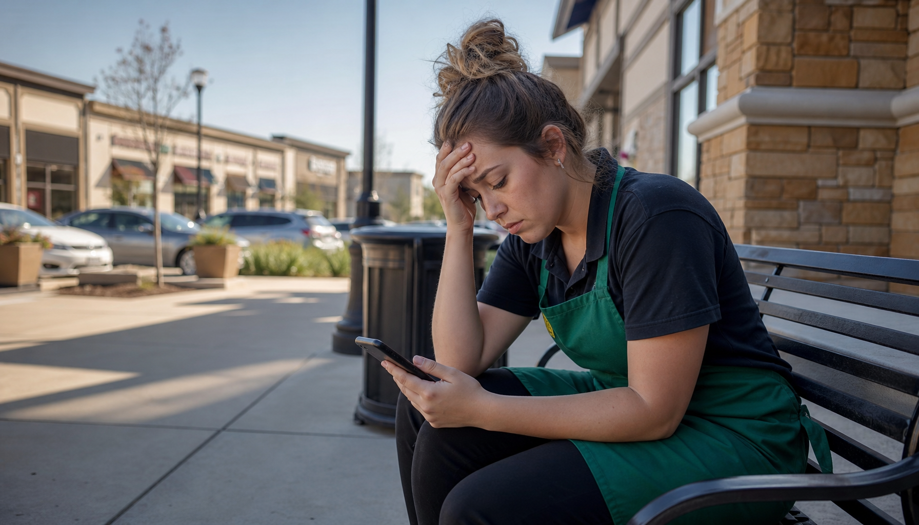Retail worker checking phone during unpaid break between split shifts