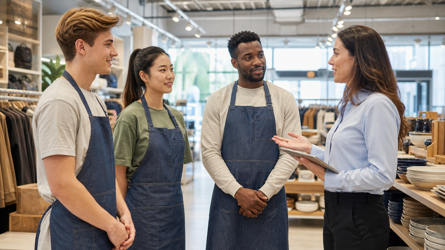 Retail store team huddle with a manager explaining tasks to casual workers