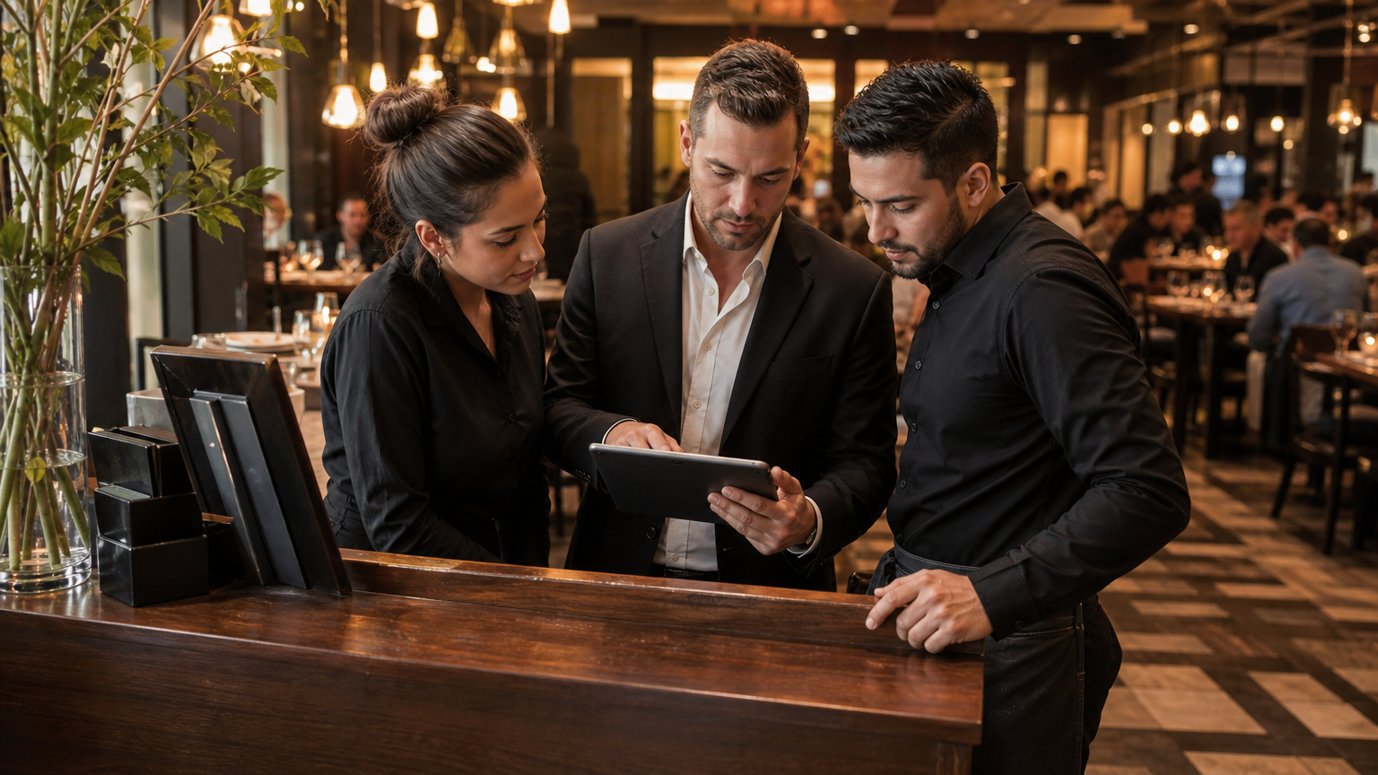 Restaurant manager and two servers reviewing the staff schedule on a tablet during a dinner shift