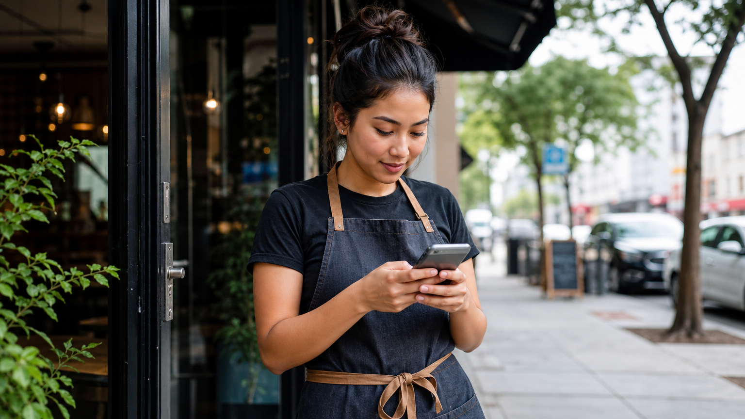 Restaurant employee in an apron checking their phone to pick up an open shift outside a cafe
