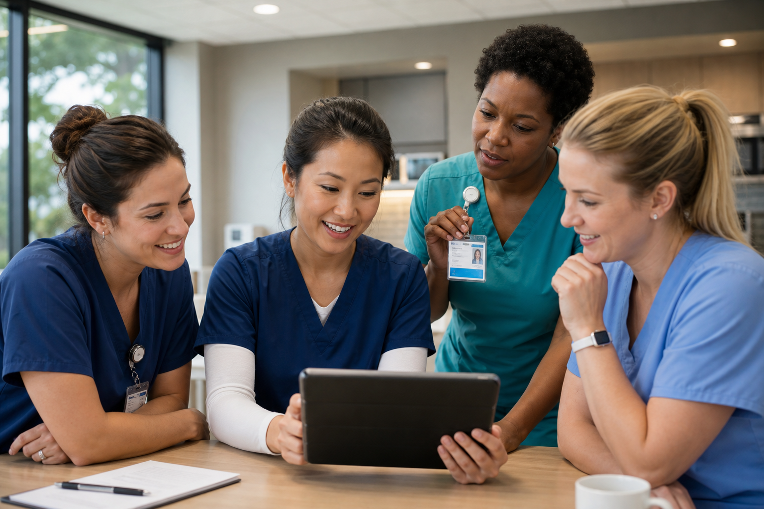 Nurses in scrubs reviewing upcoming work schedules together on a tablet device in a hospital breakroom