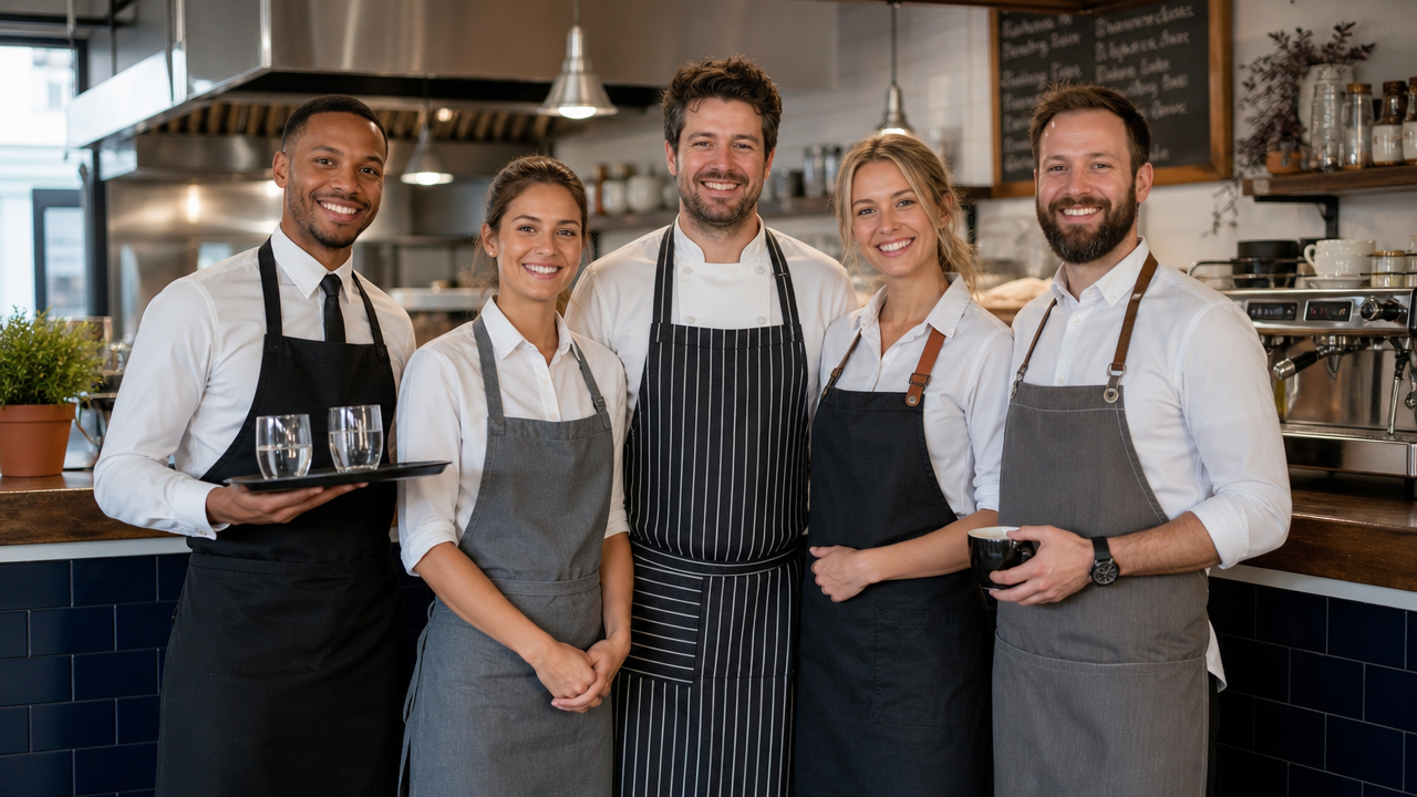 Diverse group of hospitality staff including a waiter and barista standing together and smiling in a modern restaurant kitchen